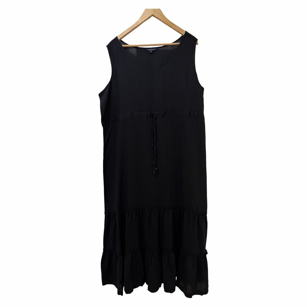 Lands End Womens Linen Tiered V Neck Midi Dress Size XL /‎ 18 Black Travel Vacay